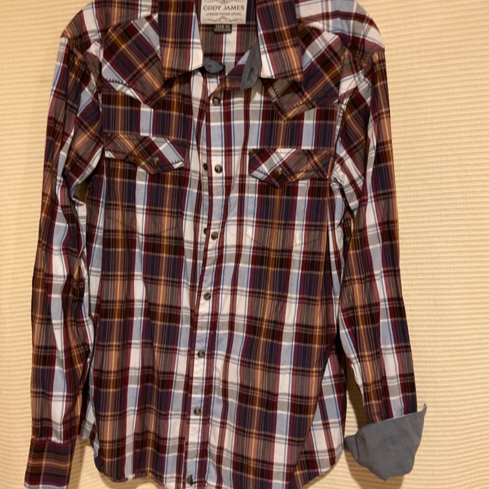 Cody James Authentic Western Apparel Plaid long sleeve shirt in Brown and Blue - Picture 5 of 6